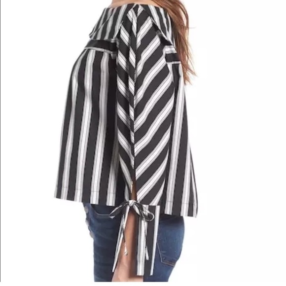 Topshop Black and White One Shoulder Popover Long Bow Tie Sleeve Top - Picture 2 of 13